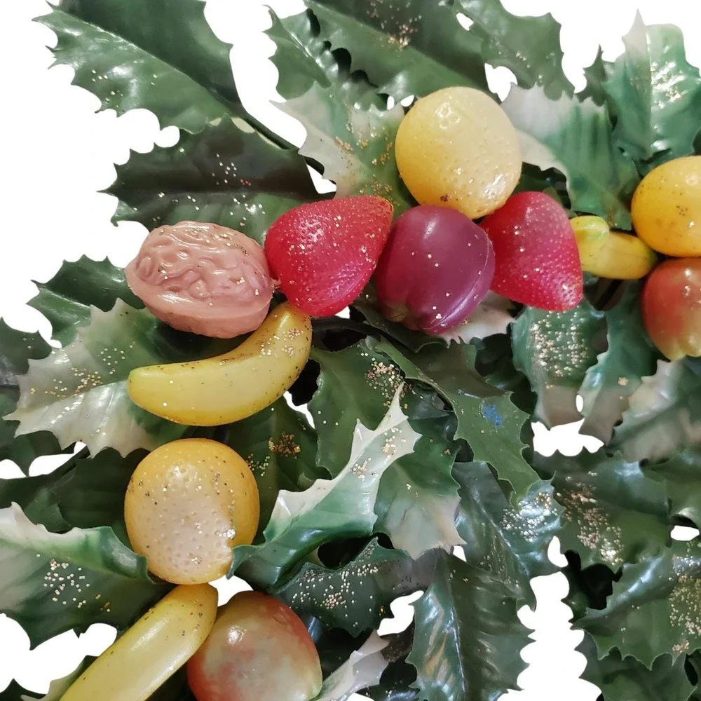 Christmas Wreath Vintage Plastic Fruit Nut Berries Holly Glitter Mid Century MCM